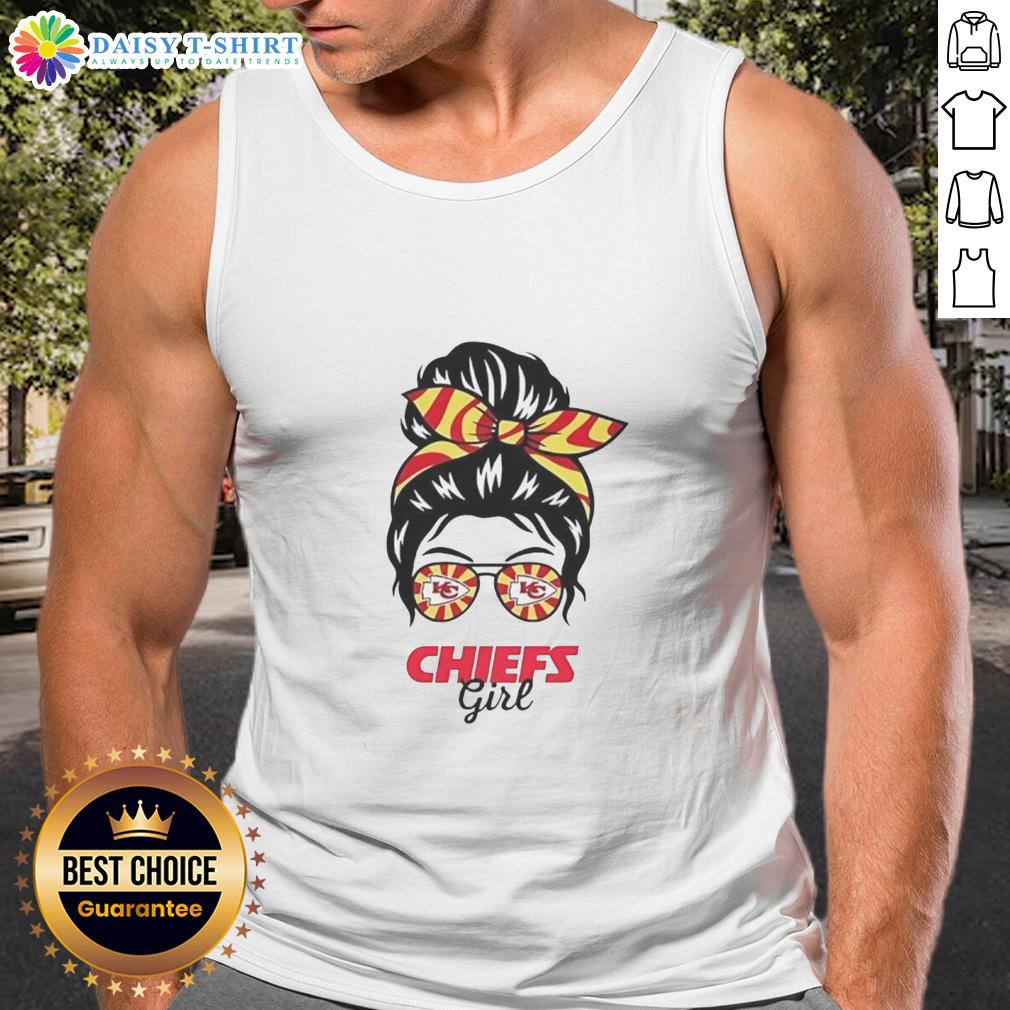 Awesome Kansas City Chiefs Girl Messy Bun Glasses Tank Top Awesome Kansas City Chiefs girl in a messy bun, wearing glasses and a tank top, cheering for her team.
