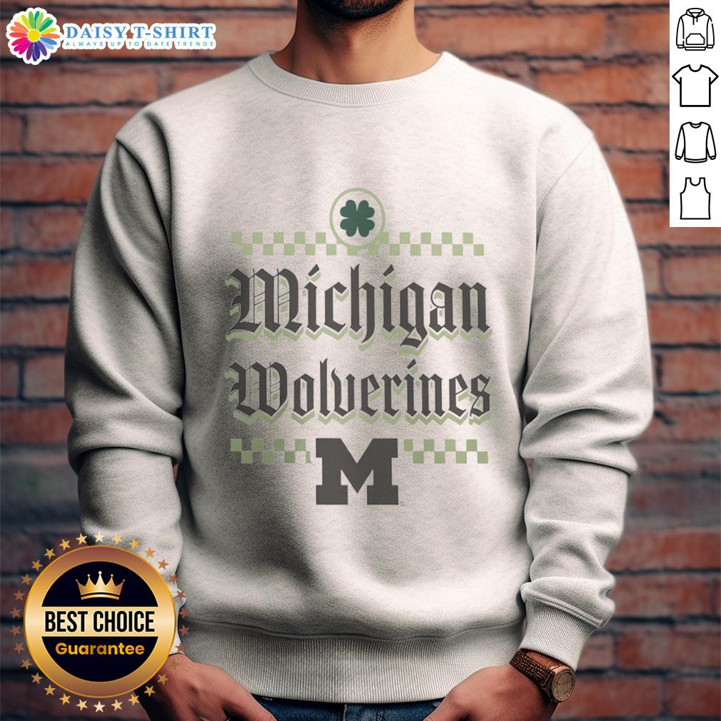 Awesome Michigan Wolverines St Patrick'S Day Sweatshirt Alt Text: Awesome Michigan Wolverines St. Patrick's Day sweatshirt featuring vibrant green and gold colors for festive fans.