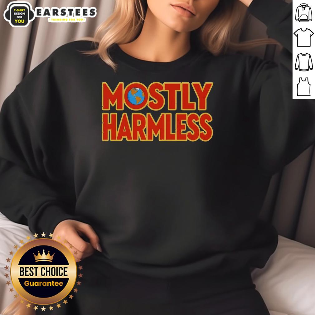 awesome-mostly-harmless-douglas-adams-hitchhikers-guide-to-the-galaxy-series-1992-sweatshirt Cozy sweatshirt featuring the 'Awesome Mostly Harmless' design from Douglas Adams' Hitchhiker's Guide to the Galaxy series.