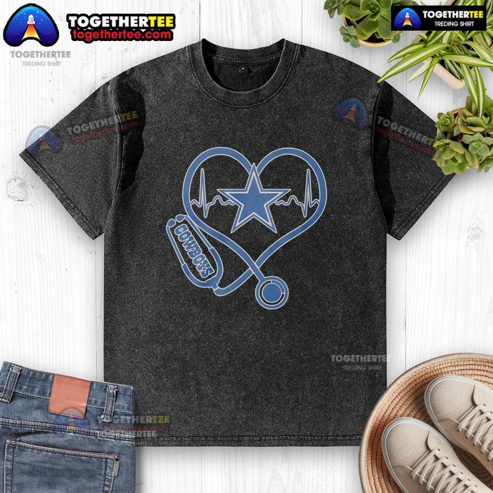 Awesome Nurse Heartbeat X Dallas Cowboys Logo Washed T Shirt Alt Text: Awesome nurse heartbeat graphic on a Dallas Cowboys logo washed t-shirt for fans and healthcare professionals.