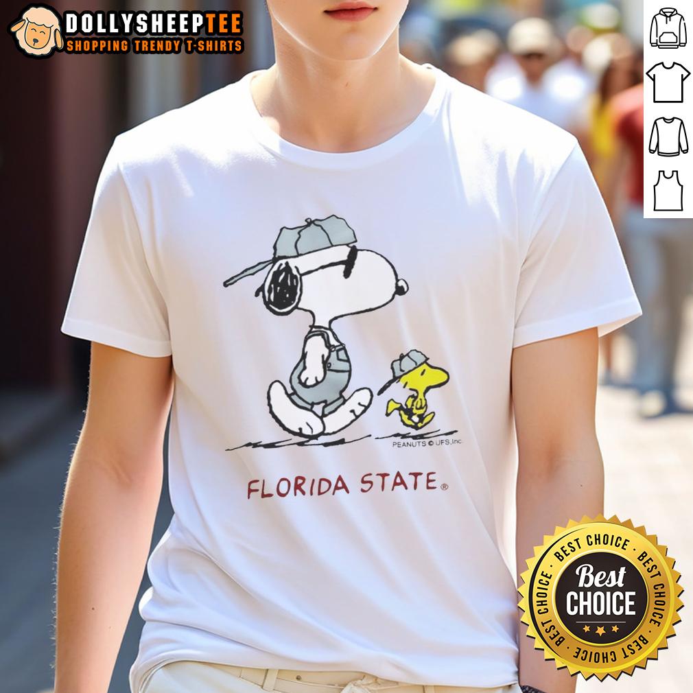 Awesome Peanuts Florida State University Snoopy And Woodstock T Shirt Alt Text: Awesome Peanuts Florida State University Snoopy and Woodstock T-Shirt featuring vibrant graphics and a playful design.