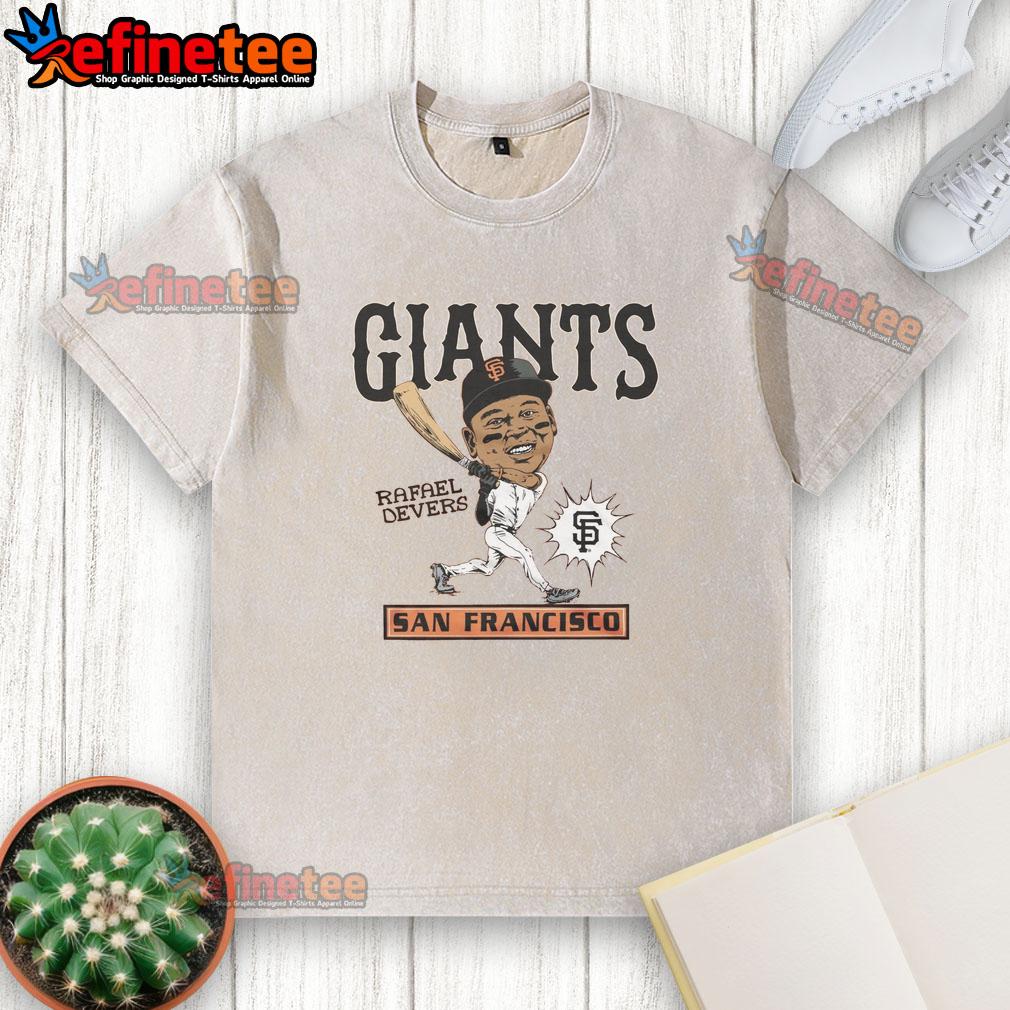 awesome-san-francisco-giants-rafael-devers-washed-t-shirt Awesome San Francisco Giants Rafael Devers washed t-shirt displayed on a wooden background, perfect for baseball fans.