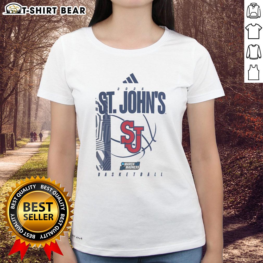 Awesome St. John'S Red Storm March Madness Ladies Tee Alt Text: Awesome St. Johns Red Storm March Madness ladies tee in vibrant red, perfect for fans during the NCAA tournament.