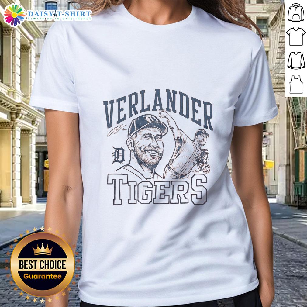 Awesome Tigers Justin Verlander Signature Portrait Ladies Tee Alt Text: Awesome Tigers Justin Verlander signature portrait on a ladies tee, perfect for baseball fans and stylish sportswear.