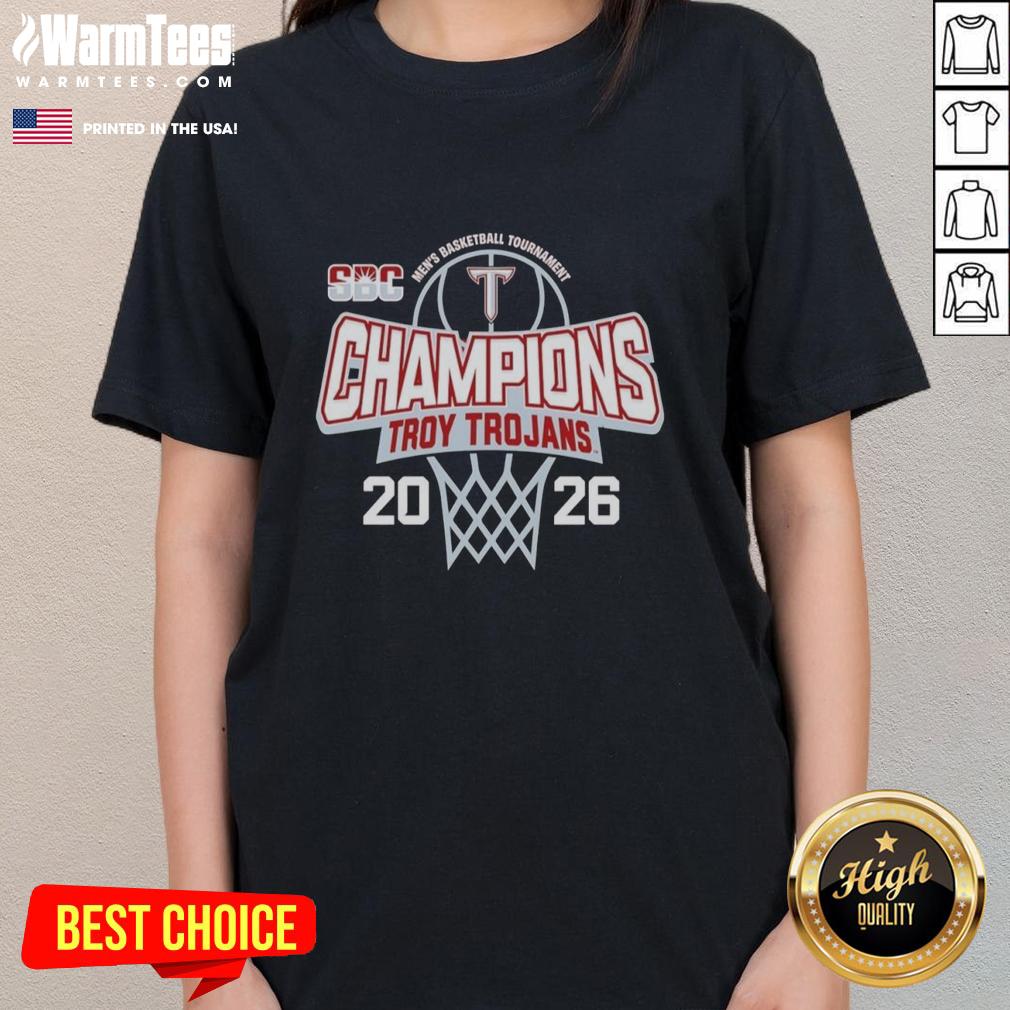 awesome-troy-trojans-2026-sun-belt-mens-basketball-tournament-champions-ladies-tee Alt Text: 2026 Sun Belt Men's Basketball Tournament Champions tee featuring Awesome Troy Trojans design for ladies.