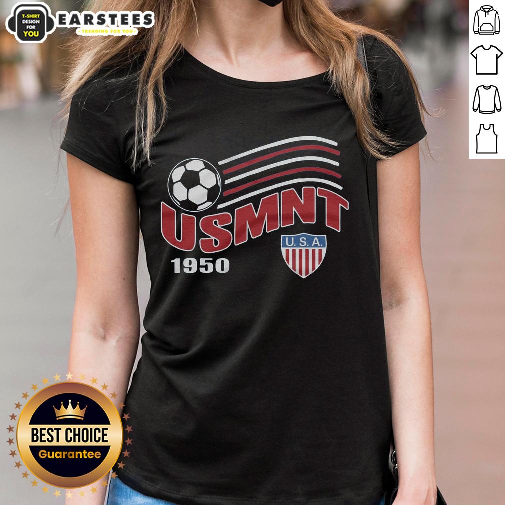 awesome-usmnt-1950-crest-flag-ladies-tee Alt Text: Awesome USMNT 1950 Crest Flag Ladies Tee featuring vintage soccer design for fans of US Men's National Team.