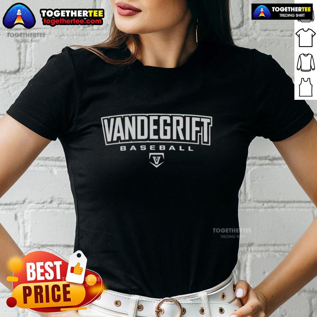 Awesome Vandegrift Crown Trio Baseball Wordmark Outline Ladies Tee Alt Text: Awesome Vandegrift Crown Trio Baseball wordmark outline on a stylish ladies tee, perfect for fans and casual wear.