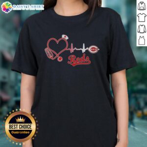 Awesome Cincinnati Reds Nurse Lover Heartbeat Baseball Ladies Tee showcasing a stylish design for baseball and nursing fans.