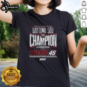 Official Tyler Reddick 2026 Daytona 500 Champion Ladies Tee showcasing vibrant design and comfortable fit for fans.