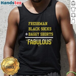Stylish official freshman outfit featuring black socks, baggy shorts, and a fabulous tank top for a trendy look.