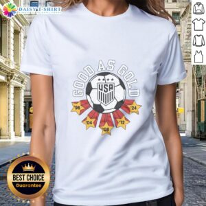 Awesome USWNT Good as Gold Ladies Tee featuring vibrant design, perfect for fans of women's soccer and team spirit.