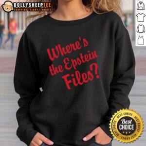 Alt Text: Official 'Where's the Epstein Files?' red text sweatshirt featuring bold lettering on a comfortable design.