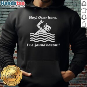 Playful bacon robot wearing a hoodie, swimming joyfully in a pool. Fun and quirky design for bacon lovers!