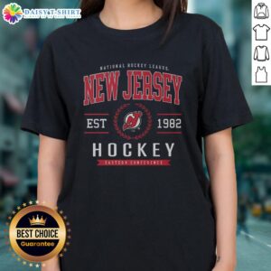 Alt Text: Original New Jersey Devils Hockey Legacy Crest Ladies Tee featuring team colors and logo, perfect for fans.