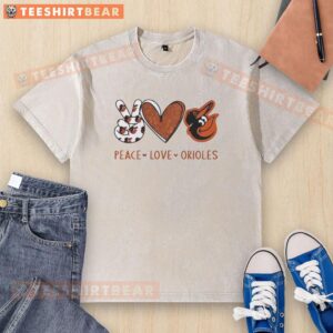 Official Baltimore Orioles Peace Love Orioles hand sign heart shape logo on a washed t-shirt, perfect for fans.