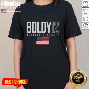 Alt Text: Cute Matt Boldy wearing Minnesota Wild USA Flag Elite Ladies Tee, showcasing team spirit and style.