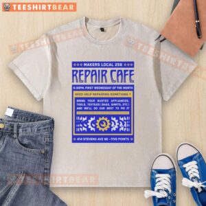 Alt Text: Nice Repair Cafe Makers Local 256 washed t-shirt showcasing a sustainable design and vibrant colors.