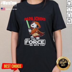 Alt Text: Cute Snoopy Papa John's Pizza May The Force Be With You Ladies Tee featuring Snoopy and pizza graphic design.