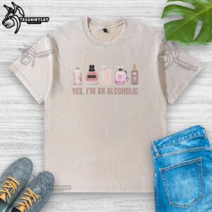 Women's washed t-shirt featuring 'Premium Yes I'm An Alcoholic' perfume graphic design, perfect for casual wear.