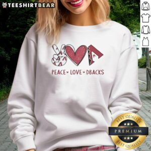 Alt Text: Official Arizona Diamondbacks sweatshirt featuring Peace Love Dbacks hand sign in heart shape and team logo.