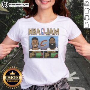 Alt Text: Good NBA Jam Cavs Mitchell and Harden Ladies Tee featuring vibrant graphics for basketball fans.