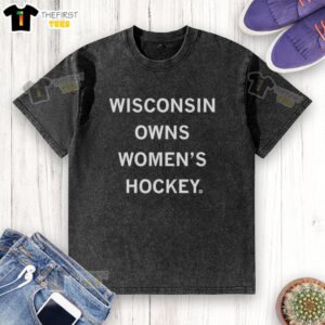 Premium Wisconsin Owns Women's Hockey letter washed t-shirt in navy, perfect for fans supporting women's hockey.
