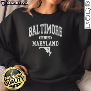 Good Baltimore Maryland Est. 1729 varsity sweatshirt in navy blue with white lettering, perfect for casual wear.