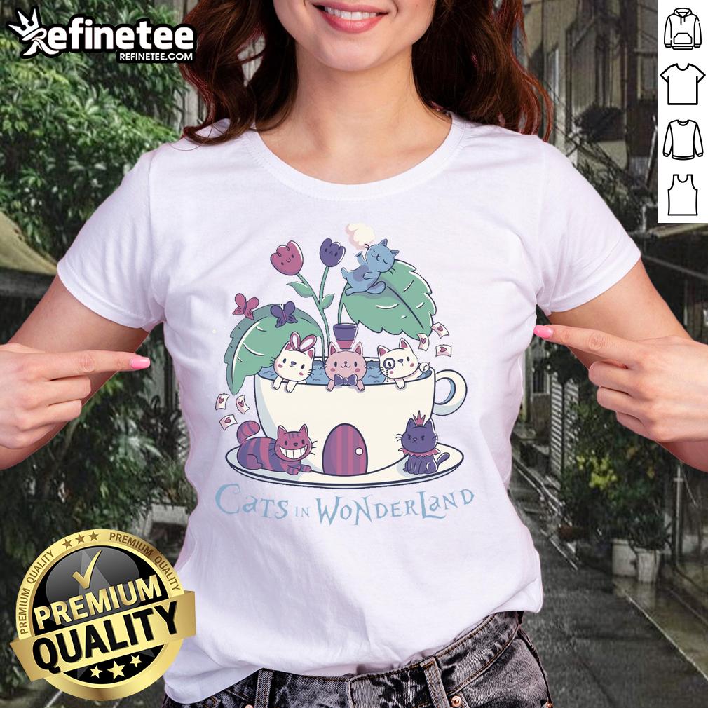 cute-alice-cats-tea-cats-in-wonderland-ladies-tee Alt Text: Cute Alice in Wonderland cats tea graphic on a ladies tee, perfect for cat lovers and fans of whimsical fashion.