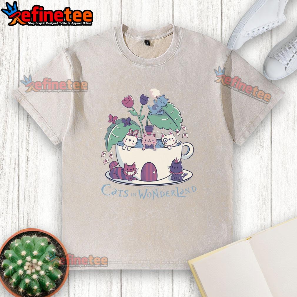 cute-alice-cats-tea-cats-in-wonderland-washed-t-shirt Alt Text: Cute Alice Cats Tea Cats in Wonderland washed t-shirt featuring whimsical cat designs and vibrant colors.