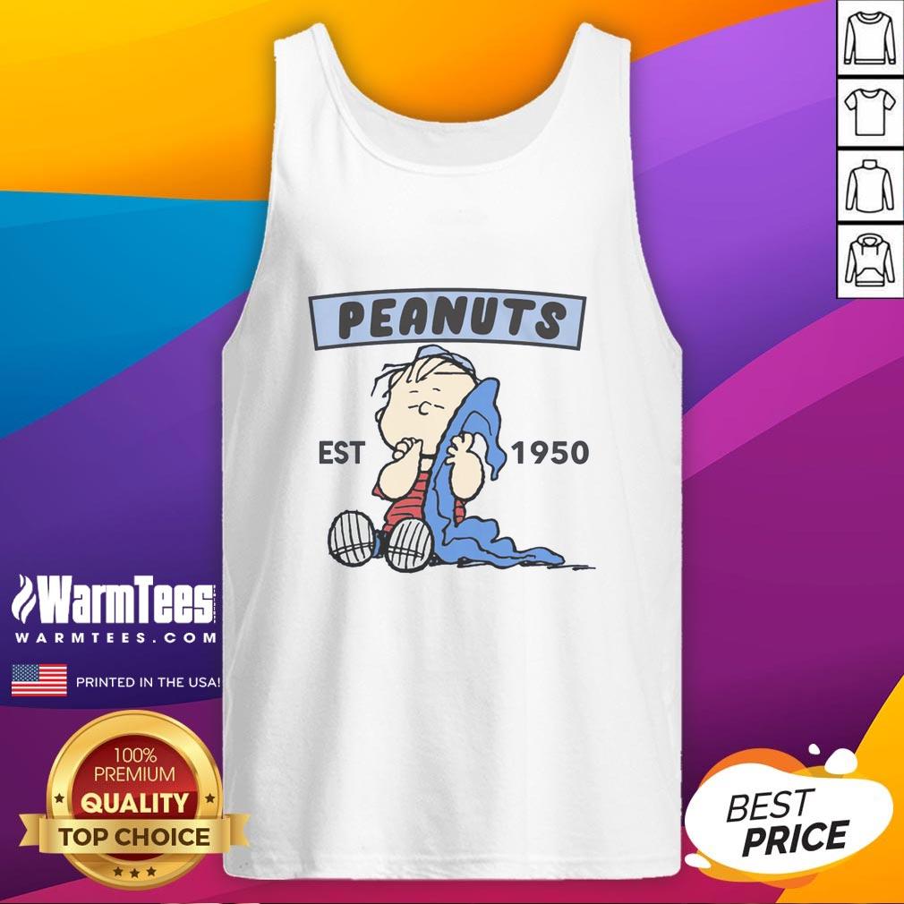 cute-peanuts-linus-est-1950-tank-top Alt Text: Cute Peanuts Linus tank top est. 1950 featuring colorful graphics of Linus from the beloved comic series.