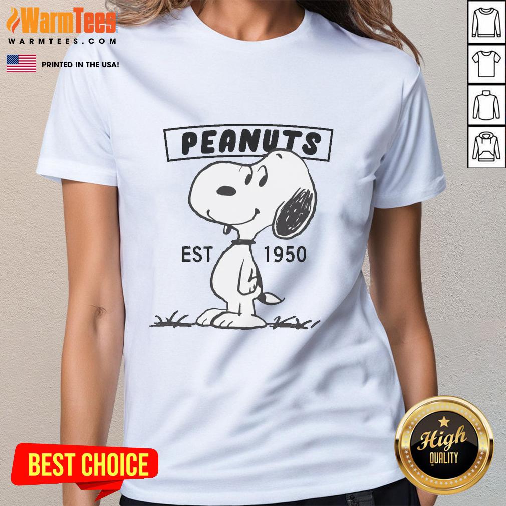 cute-peanuts-snoopy-smile-est-1950-ladies-tee Adorable Cute Peanuts Snoopy Smile tee for ladies, established 1950, featuring a cheerful Snoopy graphic.