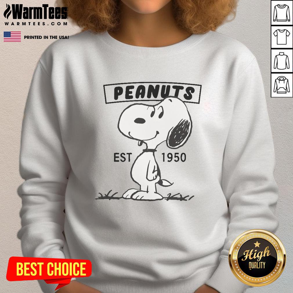 cute-peanuts-snoopy-smile-est-1950-sweatshirt Alt Text: Cute Peanuts Snoopy Smile sweatshirt established in 1950, featuring Snoopy's cheerful face and vibrant design.