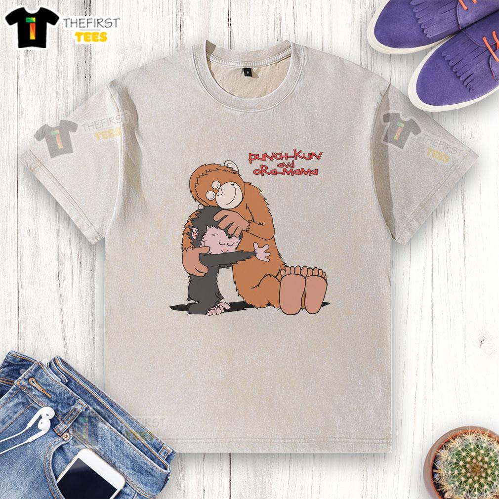 cute-punch-kun-and-ora-mama-washed-t-shirt Alt Text: Cute Punch Kun and Ora Mama design on a washed t-shirt, featuring vibrant colors and playful graphics.