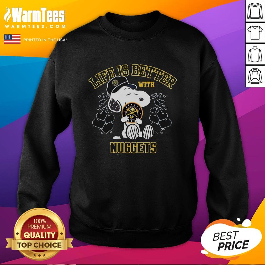 cute-snoopy-holding-denver-nuggets-warriors-logo-life-is-better-with-nuggets-sweatshirt Alt Text: Cute Snoopy wearing a Denver Nuggets sweatshirt with Warriors logo, promoting Life is Better with Nuggets theme.