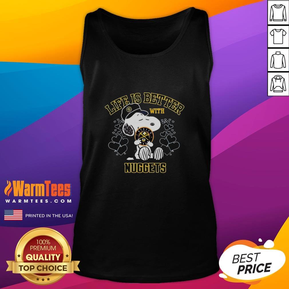 cute-snoopy-holding-denver-nuggets-warriors-logo-life-is-better-with-nuggets-tank-top Alt Text: Cute Snoopy wearing a Denver Nuggets tank top with Warriors logo, showcasing Life is Better with Nuggets slogan.