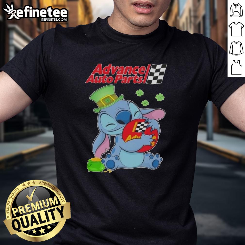 cute-stitch-hug-advance-auto-parts-logo-st-patricks-day-t-shirt Alt Text: Cute Stitch Hug graphic on St. Patrick's Day T-Shirt featuring Advance Auto Parts logo for festive automotive fans.
