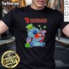 Alt Text: Cute Stitch hugging Doordash logo on a St. Patrick's Day t-shirt, perfect festive apparel for food delivery fans.