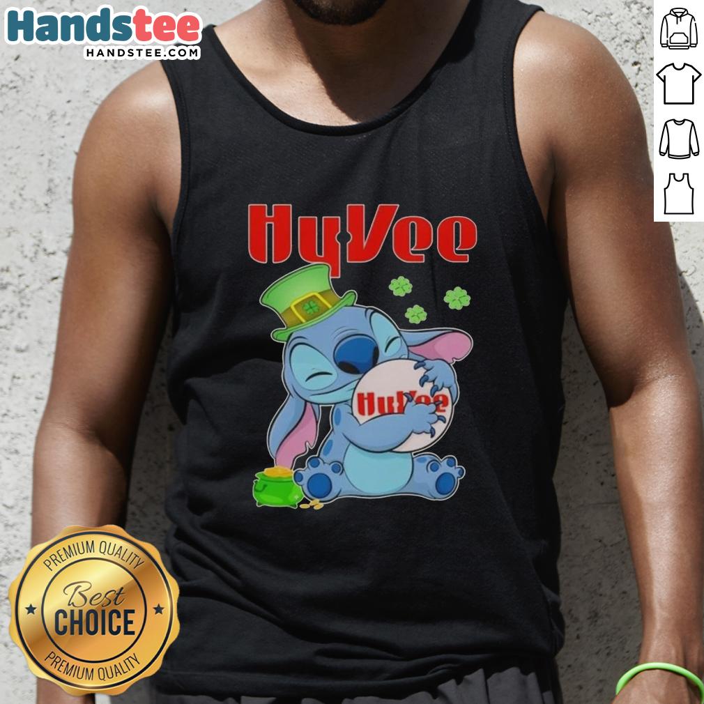 cute-stitch-hug-hyvee-logo-st-patricks-day-tank-top Alt Text: Cute Stitch hugging Hy-Vee logo on a St. Patrick's Day tank top, perfect for festive celebrations and casual wear.