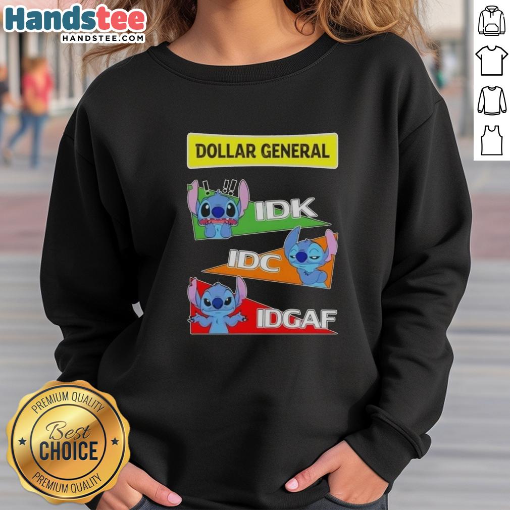 cute-stitch-x-dollar-general-idk-i-dont-know-idc-i-dont-care-idgaf-sweatshirt Cute Stitch X Dollar General sweatshirt featuring 'Idk I Don't Know Idc I Don't Care Idgaf' design in vibrant colors.