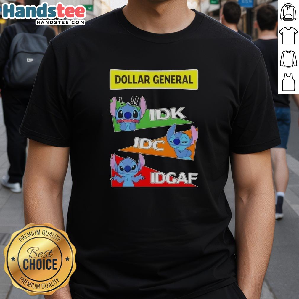 cute-stitch-x-dollar-general-idk-i-dont-know-idc-i-dont-care-idgaf-t-shirt Alt Text: Cute Stitch X Dollar General t-shirt featuring Idk I Don't Care Idgaf text design in vibrant colors.