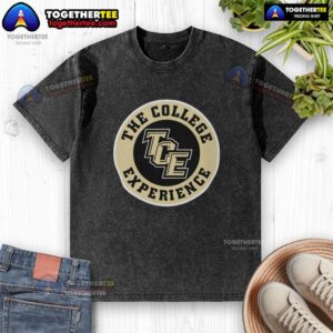 Awesome The College Experience TCE logo on a washed t-shirt, perfect for casual college life style.