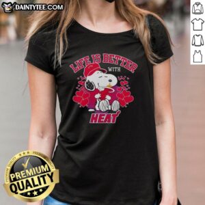 Awesome Snoopy holding Miami Heat logo on 'Life Is Better With Heat' ladies tee, perfect for Miami Heat fans.
