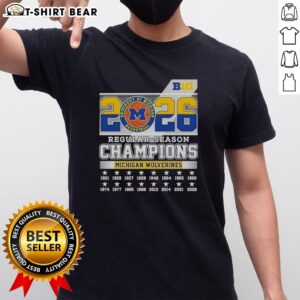 2026 Big Ten Regular Season Champions Michigan Wolverines T-Shirt featuring bold team graphics and vibrant colors.