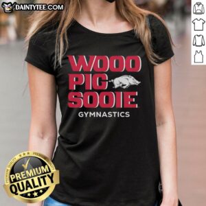 Alt Text: Good Woo Pig Sooie Arkansas Razorbacks Women's Gymnastics Ladies Tee showcasing team spirit and style.