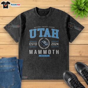 Nice Utah Mammoth Hockey Legacy Crest Washed T-Shirt in soft fabric, showcasing team pride and vintage style.
