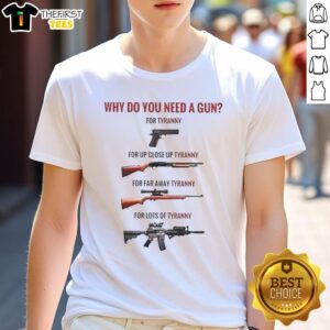 Up close view of a 'Why Do You Need A Gun For Tyranny' t-shirt, featuring bold typography and a thought-provoking design.