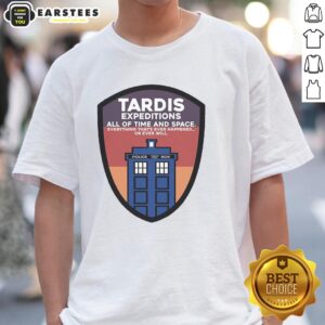 Good Tardis Expeditions All Of Time And Space Police Call Box T-Shirt featuring iconic Tardis design for fans.