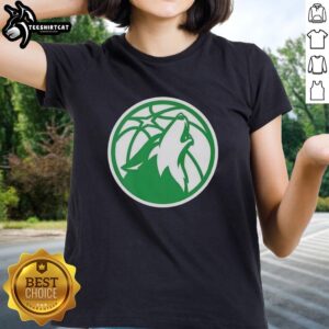 Top Minnesota Timberwolves white logo ladies tee for St. Patrick's Day featuring a vibrant green design.