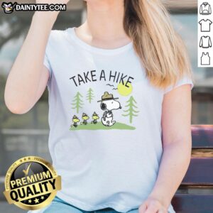 Alt Text: Cute Peanuts Snoopy Take A Hike ladies tee featuring Snoopy and hiking graphics, perfect for outdoor enthusiasts.