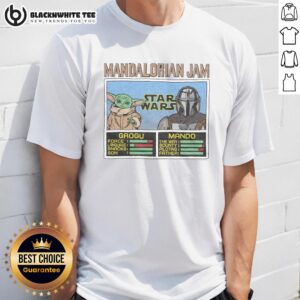 Awesome Mandalorian Jam Grogu and Mando T-Shirt featuring vibrant graphics of Grogu and Mando for fans of Star Wars.